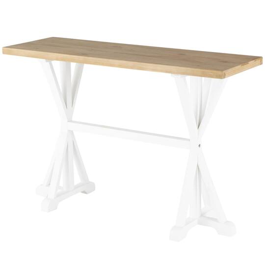47" White Wood Living Room Console Table with Angled Legs & Brown Tabletop